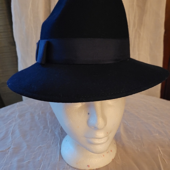 Vtg Doeskin Navy Blue 100% Wool Fedora Felt Hat w Ribbon Accent - Picture 2 of 8